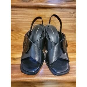 TORY BURCH SANDAL 80MM HEEL BUCKLE CROSSOVER STRAP BLACK LEATHER SZ US 7M EUC